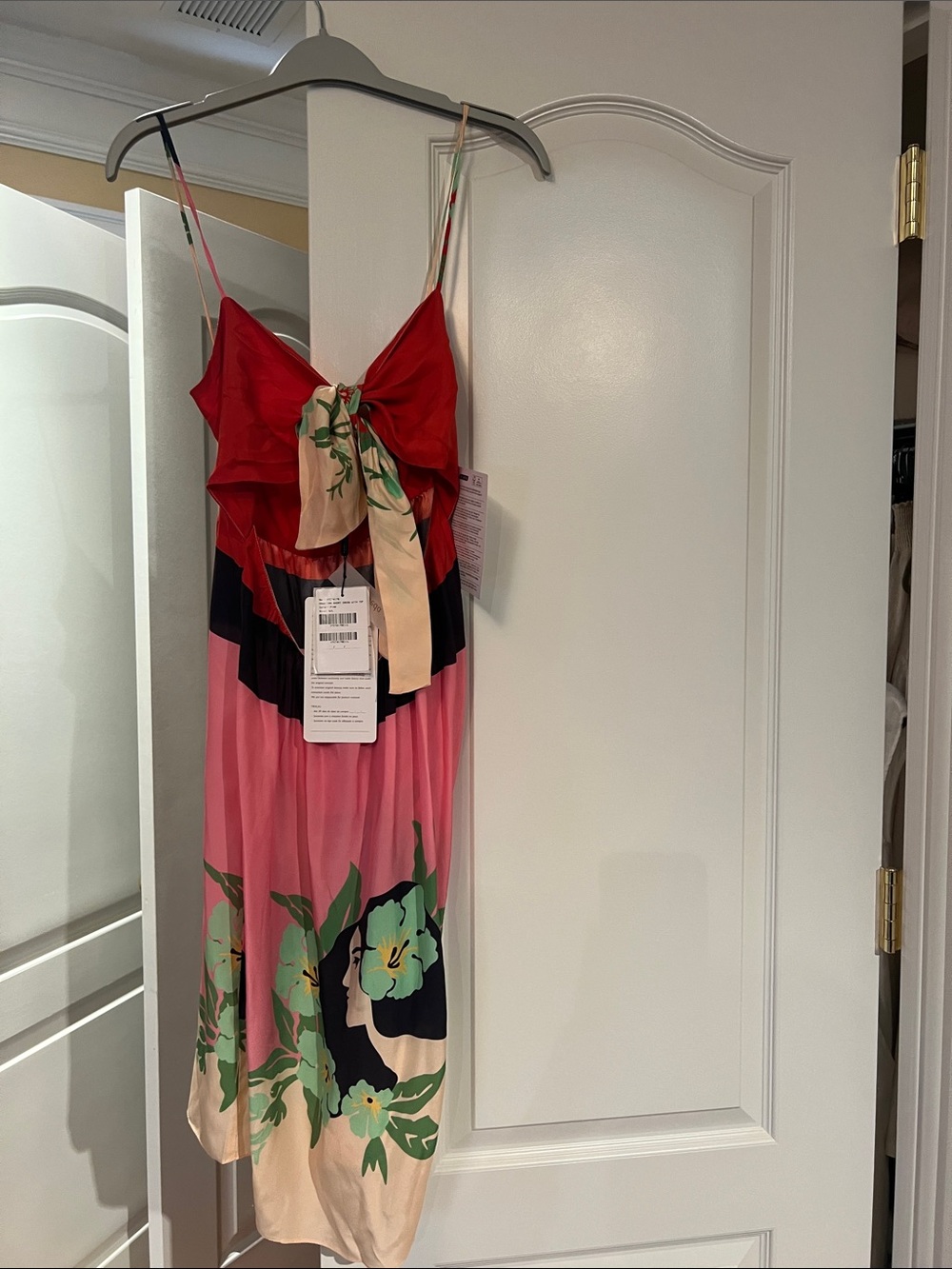 Strapless Floral Bow Midi Dress in Red and Pink